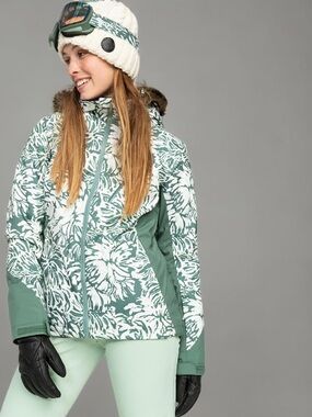 Roxy Green and White Floral Ski Jacket with Faux-Fur Hood